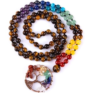 image:imageBivei 108 Mala Beads Necklace Life Tree 7 Chakra Wrap Bracelet Real Healing Gemstone Yoga Meditation Hand Knotted Mala Prayer Bead NecklaceTiger Eye Stone