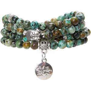 image:imageBivei 108 Mala Beads Necklace Long Beaded Wrap Bracelets Genuine Gemstone Mala Prayer Beads Lotus Buddha Charm Yoga Meditation NecklaceAfrican TurquoiseLotus OMBuddha