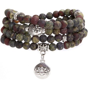 image:imageBivei 108 Mala Beads Necklace Long Beaded Wrap Bracelets Genuine Gemstone Mala Prayer Beads Lotus Buddha Charm Yoga Meditation NecklaceBloodstoneLotus OMBuddha
