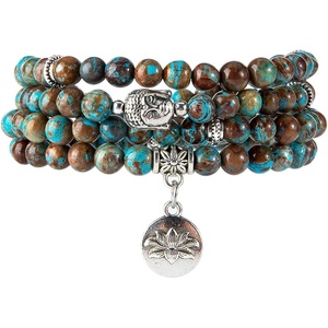 image:imageBivei 108 Mala Beads Necklace Long Beaded Wrap Bracelets Genuine Gemstone Mala Prayer Beads Lotus Buddha Charm Yoga Meditation NecklaceBlue Lace AgateLotus OMBuddha