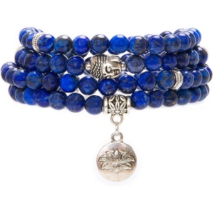 image:imageBivei 108 Mala Beads Necklace Long Beaded Wrap Bracelets Genuine Gemstone Mala Prayer Beads Lotus Buddha Charm Yoga Meditation NecklaceLapis LazuliLotus OMBuddha