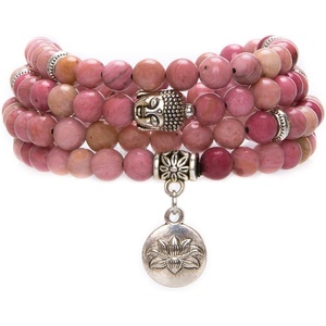 image:imageBivei 108 Mala Beads Necklace Long Beaded Wrap Bracelets Genuine Gemstone Mala Prayer Beads Lotus Buddha Charm Yoga Meditation NecklaceRhodochrositeLotus OMBuddha