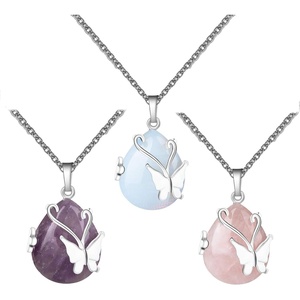 image:imageBivei Crystal Butterfly Necklaces for Women  Rose Quartz Wire Wrap Gemstone Chakra Pendant Gifts Jewelry for Women MenPurpleWhitePink