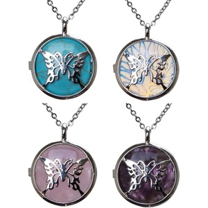 image:imageBivei Gemstone Chakra Necklace Butterfly Tree of Life Locket Pendant Necklace Healing Crystal JewelryPack of 4