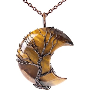 image:imageBivei Life Tree Crescent Moon Necklaces for Women  Copper Wire Wrap Gemstones Pendant Crystals and Natural Stones Necklace Witch Jewellery Christmas Valentines Day for FriendsBrown  Tiger Eye Stone