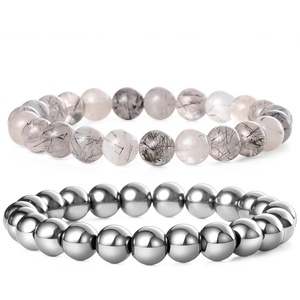 image:imageBivei Natural Crystals Gemstone Healing Stretchy Round Beaded Bracelet  8MM Semi Precious Beads Bracelet Handmade Spiritual Jewelry Gift for Women MenEnhance Positive Energy8mm Black Rutilated Quartz  Hematite Emotional Trauma