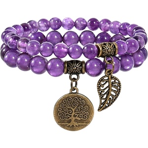 image:imageBivei Natural Semi Precious Gemstone beads bracelet for women  Life Tree and Leaf Charm Energy Reiki Crystal Stretch BraceletsAmethyst Bracelets Set