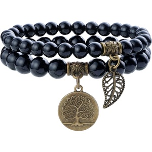 image:imageBivei Natural Semi Precious Gemstone beads bracelet for women  Life Tree and Leaf Charm Energy Reiki Crystal Stretch BraceletsBlack Obsidian Bracelet Set
