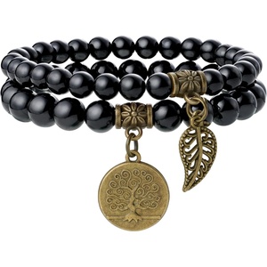 image:imageBivei Natural Semi Precious Gemstone beads bracelet for women  Life Tree and Leaf Charm Energy Reiki Crystal Stretch BraceletsBlack Tourmaline Bracelet Set