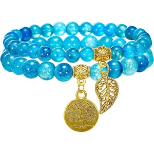 image:imageBivei Natural Semi Precious Gemstone beads bracelet for women  Life Tree and Leaf Charm Energy Reiki Crystal Stretch BraceletsBlue Dragon Vein Agate Bracelet Set