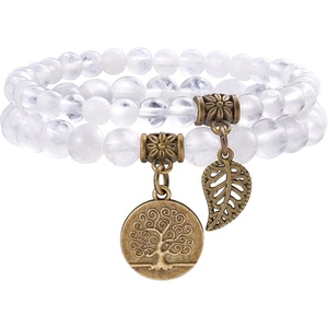 image:imageBivei Natural Semi Precious Gemstone beads bracelet for women  Life Tree and Leaf Charm Energy Reiki Crystal Stretch BraceletsClear Quartz Bracelet Set