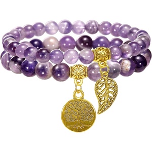 image:imageBivei Natural Semi Precious Gemstone beads bracelet for women  Life Tree and Leaf Charm Energy Reiki Crystal Stretch BraceletsDogTooth Amethyst Bracelet Set