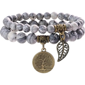 image:imageBivei Natural Semi Precious Gemstone beads bracelet for women  Life Tree and Leaf Charm Energy Reiki Crystal Stretch BraceletsGray Picasso Jasper Bracelet Set