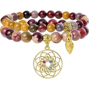 image:imageBivei Natural Semi Precious Gemstone beads bracelet for women  Life Tree and Leaf Charm Energy Reiki Crystal Stretch BraceletsLotus OM  Mookaite Jasper Bracelet Set