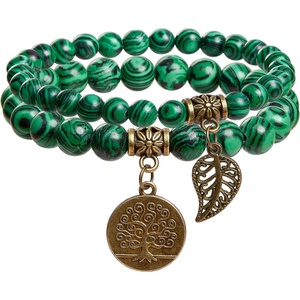 image:imageBivei Natural Semi Precious Gemstone beads bracelet for women  Life Tree and Leaf Charm Energy Reiki Crystal Stretch BraceletsMalachite Bracelet Set