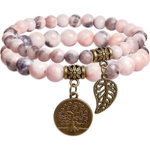 image:imageBivei Natural Semi Precious Gemstone beads bracelet for women  Life Tree and Leaf Charm Energy Reiki Crystal Stretch BraceletsPink Zebra Jasper Bracelet Set