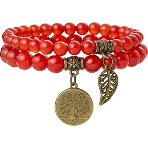 image:imageBivei Natural Semi Precious Gemstone beads bracelet for women  Life Tree and Leaf Charm Energy Reiki Crystal Stretch BraceletsRed Agate Bracelet Set