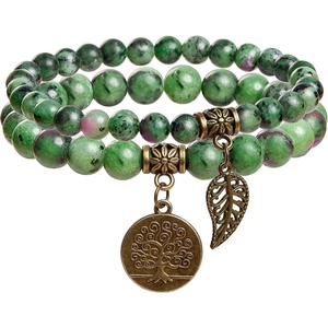 image:imageBivei Natural Semi Precious Gemstone beads bracelet for women  Life Tree and Leaf Charm Energy Reiki Crystal Stretch BraceletsRuby Zoisite Bracelet Set