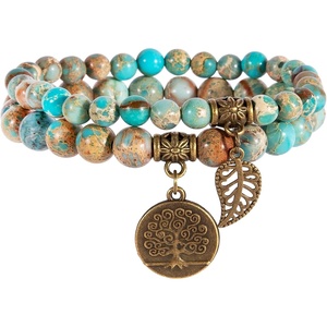 image:imageBivei Natural Semi Precious Gemstone beads bracelet for women  Life Tree and Leaf Charm Energy Reiki Crystal Stretch BraceletsSea Sediment Bracelet Set
