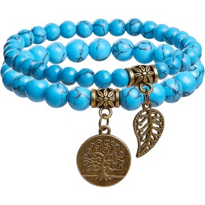 image:imageBivei Natural Semi Precious Gemstone beads bracelet for women  Life Tree and Leaf Charm Energy Reiki Crystal Stretch BraceletsTurquoise Bracelet Set