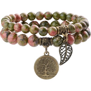 image:imageBivei Natural Semi Precious Gemstone beads bracelet for women  Life Tree and Leaf Charm Energy Reiki Crystal Stretch BraceletsUnakite Bracelet Set