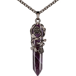 image:imageBivei Vintage Reiki Healing Crystal Necklace Hexagonal Prism Quartz Point Stone Flower Wrapped Pendulum Pendant JewelryAmethyst