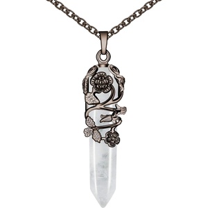 image:imageBivei Vintage Reiki Healing Crystal Necklace Hexagonal Prism Quartz Point Stone Flower Wrapped Pendulum Pendant JewelryClear Quartz