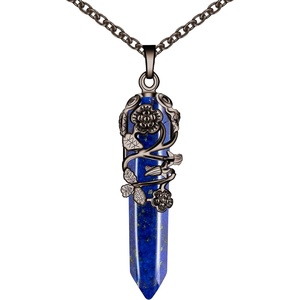image:imageBivei Vintage Reiki Healing Crystal Necklace Hexagonal Prism Quartz Point Stone Flower Wrapped Pendulum Pendant JewelryLapis Lazuli