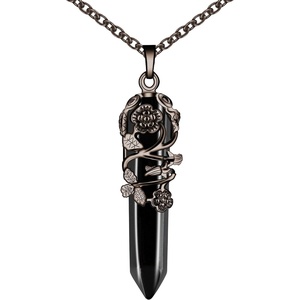 image:imageBivei Vintage Reiki Healing Crystal Necklace Hexagonal Prism Quartz Point Stone Flower Wrapped Pendulum Pendant JewelryObsidian