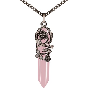 image:imageBivei Vintage Reiki Healing Crystal Necklace Hexagonal Prism Quartz Point Stone Flower Wrapped Pendulum Pendant JewelryRose Quartz