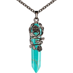 image:imageBivei Vintage Reiki Healing Crystal Necklace Hexagonal Prism Quartz Point Stone Flower Wrapped Pendulum Pendant JewelrySynthetic Green Turquoise
