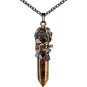image:imageBivei Vintage Reiki Healing Crystal Necklace Hexagonal Prism Quartz Point Stone Flower Wrapped Pendulum Pendant JewelryTiger Eye