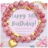 image:imageBivei 30th Birthday Gifts for Women Natural Semi Precious Crystal Healing Stone Beads Heart Charm Stretch Beaded Birthday Bracelets for Her Best Friend Mom Sister Daughter  Pink
