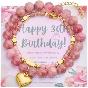 image:imageBivei 30th Birthday Gifts for Women Natural Semi Precious Crystal Healing Stone Beads Heart Charm Stretch Beaded Birthday Bracelets for Her Best Friend Mom Sister Daughter  Pink