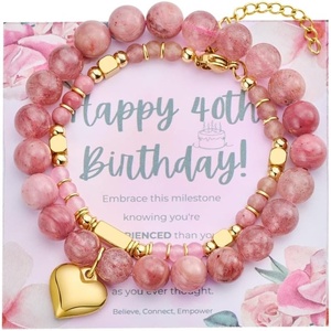 image:imageBivei 40th Birthday Gifts for Women Natural Semi Precious Crystal Healing Stone Beads Heart Charm Stretch Beaded Birthday Bracelets for Her Best Friends Sister Mom Wife  Pink