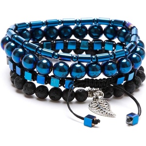 image:imageBivei Natural Gemstone Hematite Therapy Lava Rock Stone Bead Essential Oil Diffuser Anxiety Bracelets SetDeep BlueDeep Blue